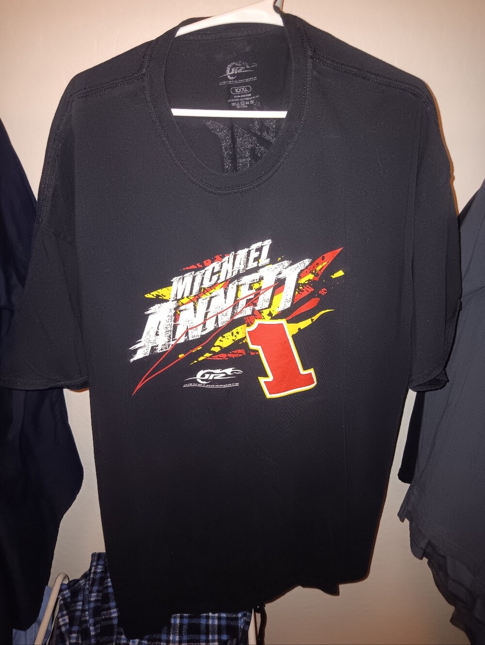 Nascar Black Graphic Michael Annett Tee with Red and Yellow Accents